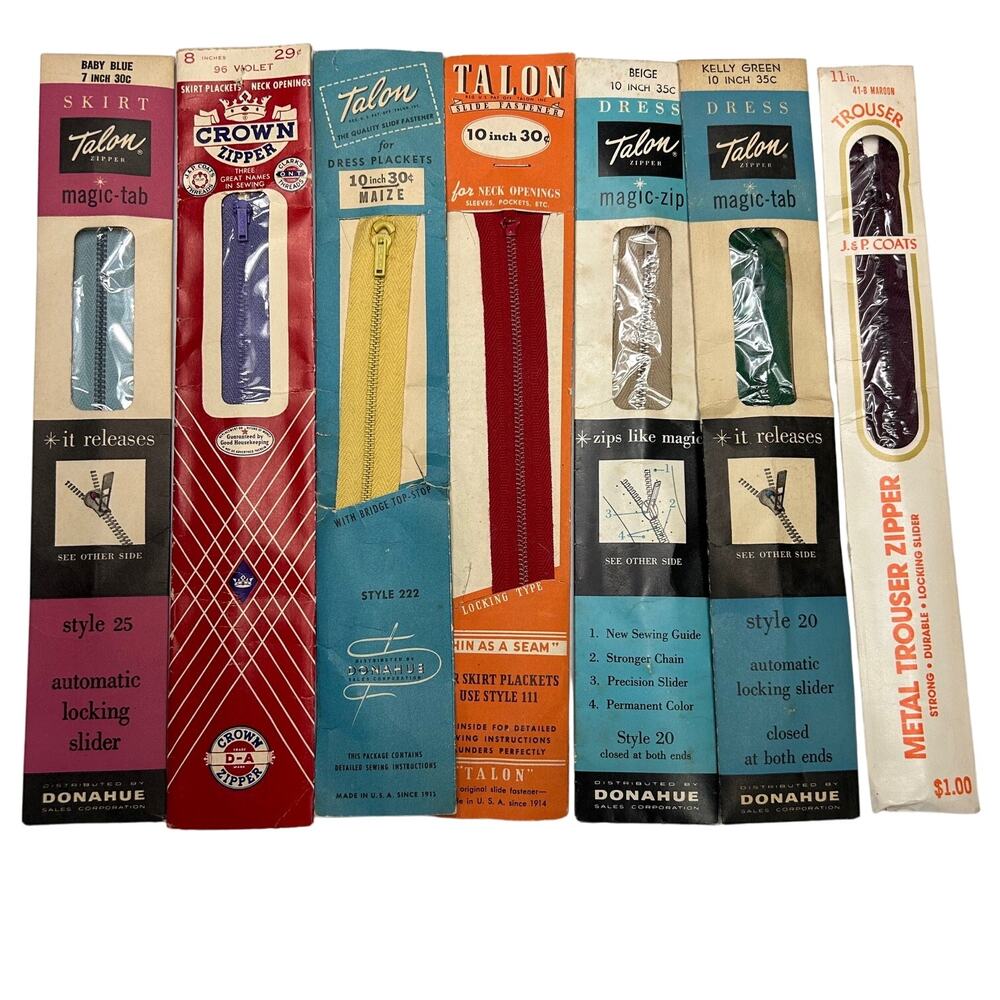 Vintage Skirt/Dress/Trouser Metal Zippers Talon,Crown,J & P Coats Lot of 7 NOSIP